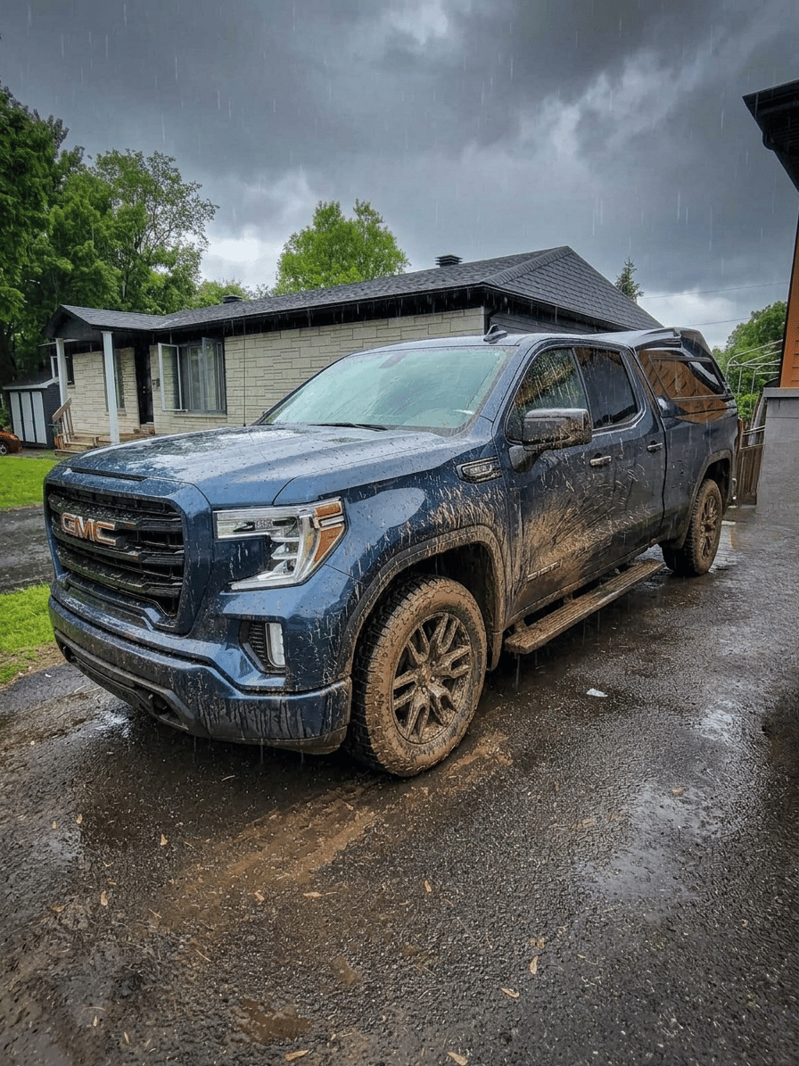 Camioneta antes del polichado y encerado, cubierta de lodo y sal de carretera en Quebec